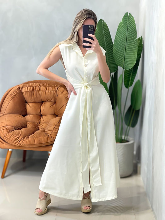 Vestido Longo em Alfaiataria Sensoriale com Botões e Amarração Juliete Ref. 1658. FRETE GRÁTIS