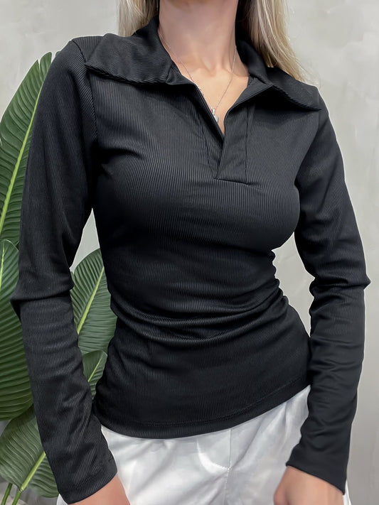 Blusa Feminina em Ribana Gola Polo Manga Longa Joana Frete Grátis.