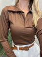 Blusa Feminina em Ribana Gola Polo Manga Longa Joana Frete Grátis.