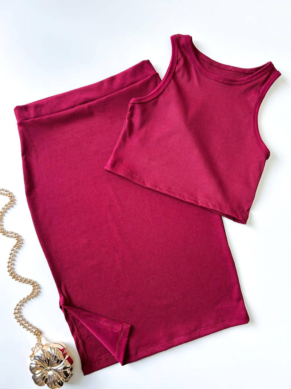 Conjunto Feminino em Ribana Regata e Saia Midi Daniele Frete Grátis.