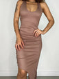 Vestido Feminino Midi em Ribana Assimétrico Alça Cruzada Tatiane Frete Grátis.