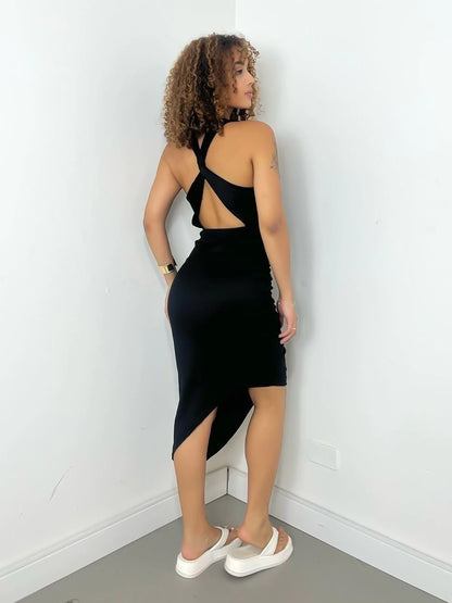 Vestido Feminino Midi em Ribana Assimétrico Alça Cruzada Tatiane Frete Grátis.