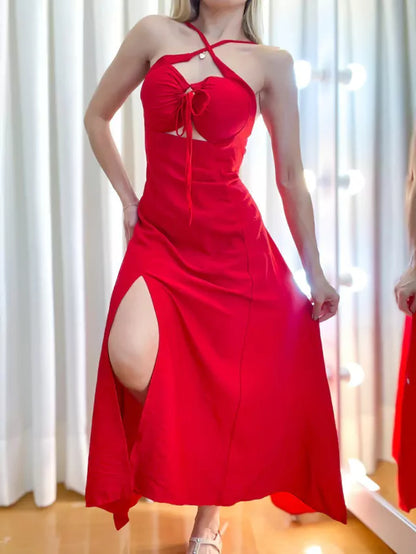 Vestido Feminino Longo em Viscolinho com Amarração Sabrina Frete Grátis.