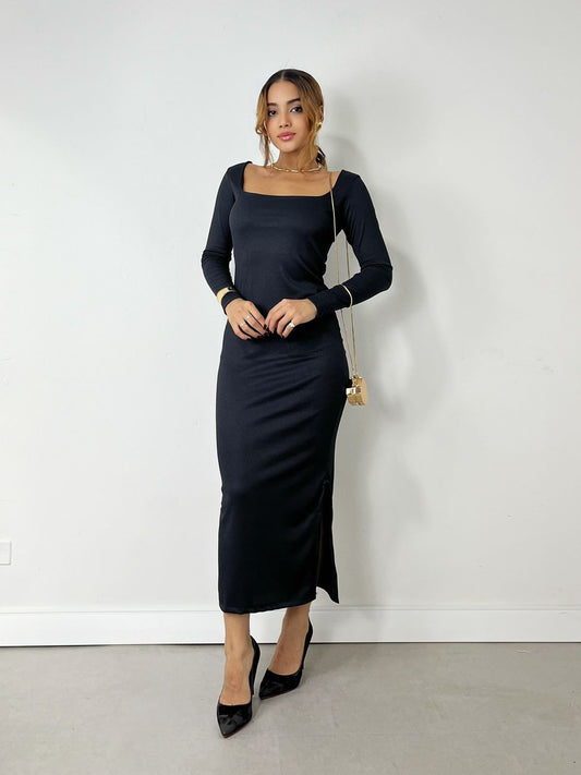 Vestido Feminino Midi em Ribana Manga Longa Decote Quadrado Eliana Frete Grátis.