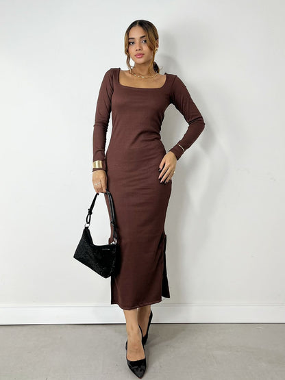 Vestido Feminino Midi em Ribana Manga Longa Decote Quadrado Eliana Frete Grátis.