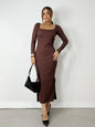 Vestido Feminino Midi em Ribana Manga Longa Decote Quadrado Eliana Frete Grátis.