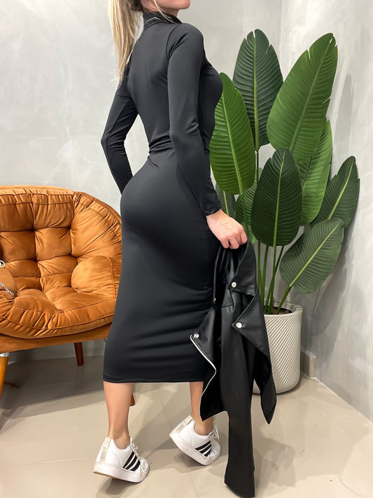 Vestido Feminino Midi em Suplex Manga Longa com Gola Sara Frete Grátis.