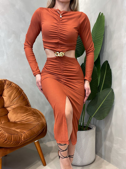 Vestido Midi em Ribana Manga Longa Plissado com Recorte Fabiana Ref. 1542. FRETE GRÁTIS