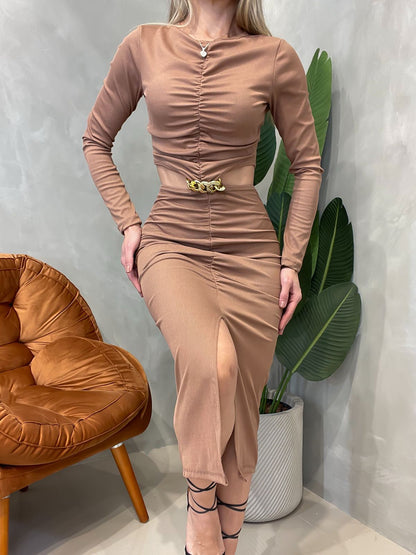 Vestido Midi em Ribana Manga Longa Plissado com Recorte Fabiana Ref. 1542. FRETE GRÁTIS