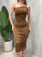 Vestido Midi em Malha Romantic Ombro Único Plissado Eva Frete Grátis.