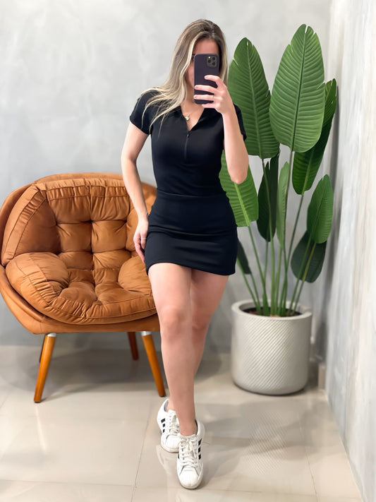 Vestido Curto em Ribana Manga Curta com Gola e Zíper Jaqueline Frete Grátis.