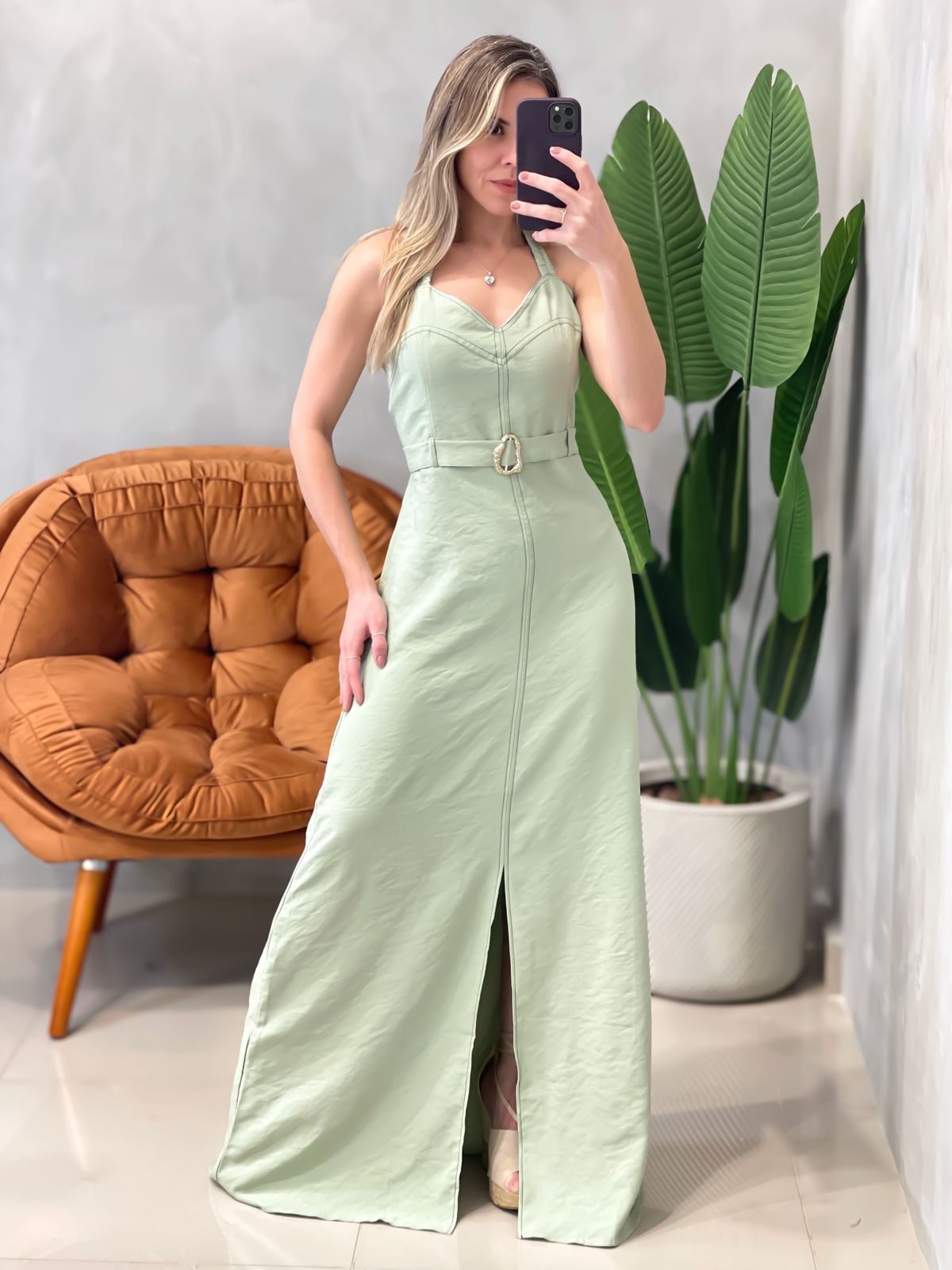 Vestido Longo em Alfaiataria Sensoriale de Alça com Fenda Edvania Ref. 1629. FRETE GRÁTIS