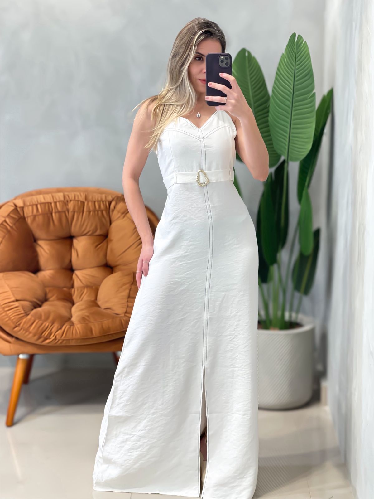 Vestido Longo em Alfaiataria Sensoriale de Alça com Fenda Edvania Ref. 1629. FRETE GRÁTIS