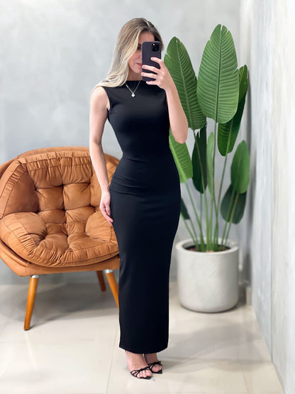 Vestido Longo em Ribana Regata Costas Nua Rafaela Ref. 1667. FRETE GRÁTIS