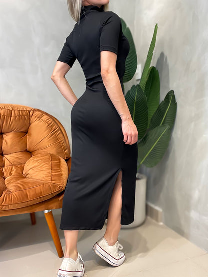 Vestido Midi em Ribana Manga Curta com Gola Gislene Frete Grátis.