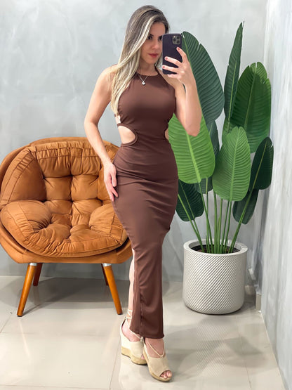 Vestido Longo em Ribana de Alça com Recortes Laterais Geovana Frete Grátis.