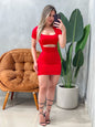Vestido Curto em Poliamida Manga Curta e Decote Quadrado com Recorte Salete Frete Grátis.