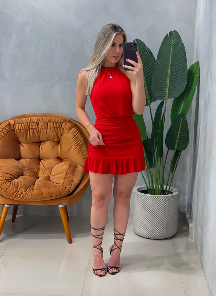 Vestido Curto em Tule Frente Única Plissado com Babado Erica Ref. 1802. FRETE GRÁTIS