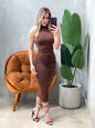 Vestido Midi em Malha Romantic Frente Única e Gola Choker Loani Ref. 1828. FRETE GRÁTIS