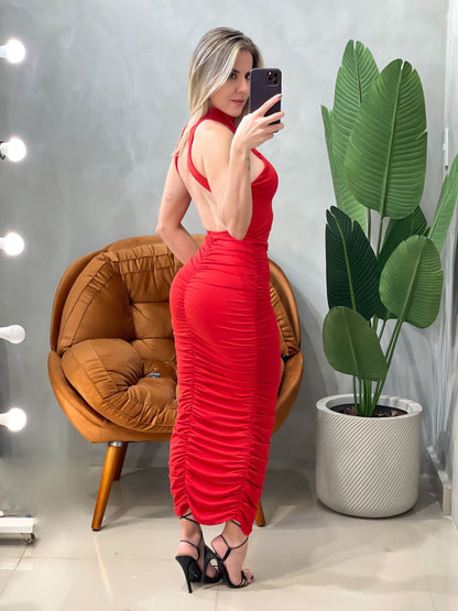 Vestido Midi em Malha Romantic Frente Única e Gola Choker Loani Ref. 1828. FRETE GRÁTIS