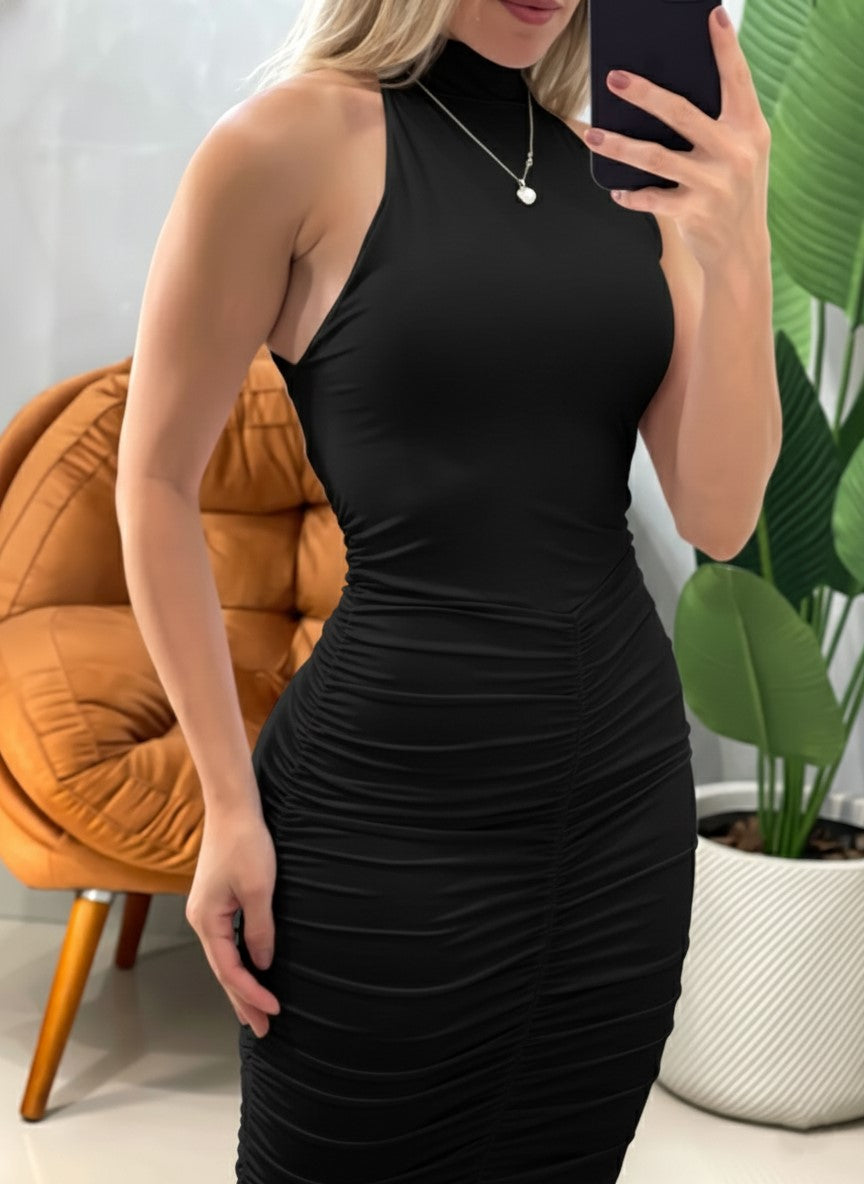 Vestido Midi em Malha Romantic Frente Única e Gola Choker Loani Ref. 1828. FRETE GRÁTIS