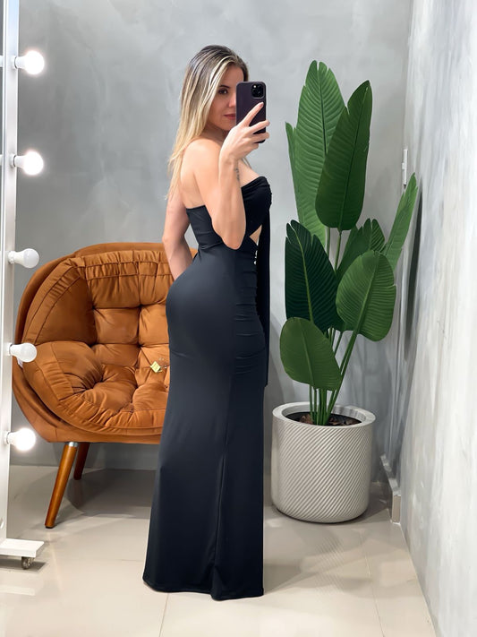 Vestido Longo em Malha Romantic sem Alça com Recorte e Fivela Janaina Ref. 1829. FRETE GRÁTIS