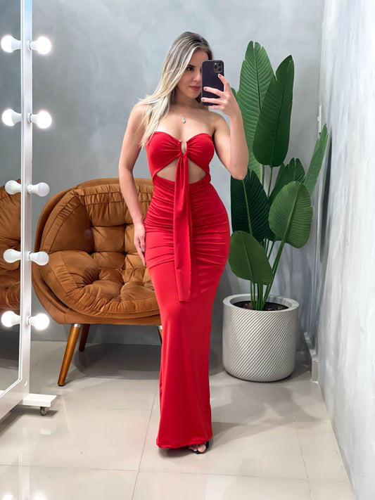 Vestido Longo em Malha Romantic sem Alça com Recorte e Fivela Janaina Ref. 1829. FRETE GRÁTIS