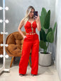Conjunto em Alfaiataria Cropped de Alça com Recortes e Calça Pantalona Andreia.FRETE GRÁTIS