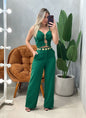 Conjunto em Alfaiataria Cropped de Alça com Recortes e Calça Pantalona Andreia.FRETE GRÁTIS