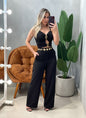 Conjunto em Alfaiataria Cropped de Alça com Recortes e Calça Pantalona Andreia.FRETE GRÁTIS