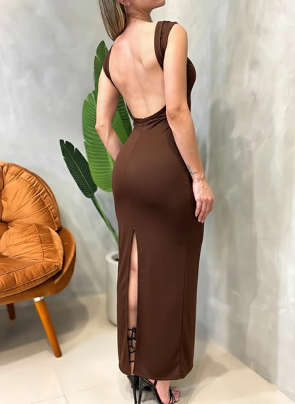 Vestido Longo em Ribana Regata Costas Nua Rafaela Ref. 1667. FRETE GRÁTIS