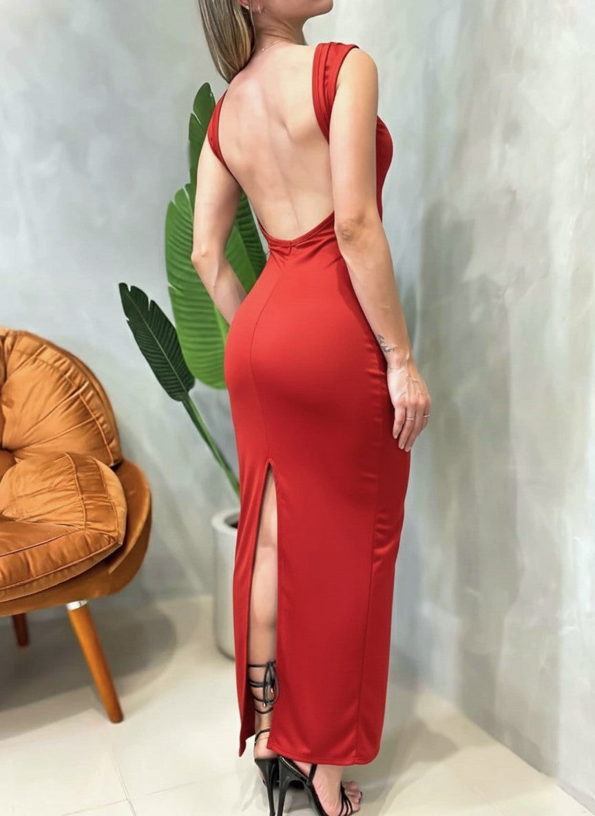 Vestido Longo em Ribana Regata Costas Nua Rafaela Ref. 1667. FRETE GRÁTIS