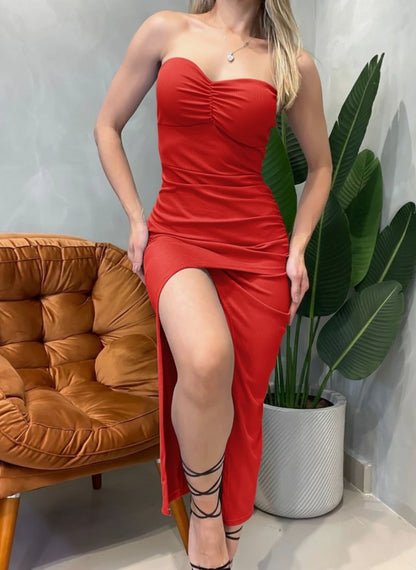 Vestido Feminino Midi em Ribana sem Alça Transpassado Fernanda Frete Grátis.