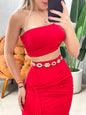 Conjunto em Poliamida Cropped Alça Única Franzido e Saia Longa Transpassada Leon. FRETE GRÁTIS