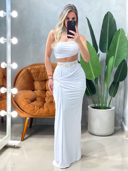 Conjunto em Poliamida Cropped Alça Única Franzido e Saia Longa Transpassada Leon. FRETE GRÁTIS