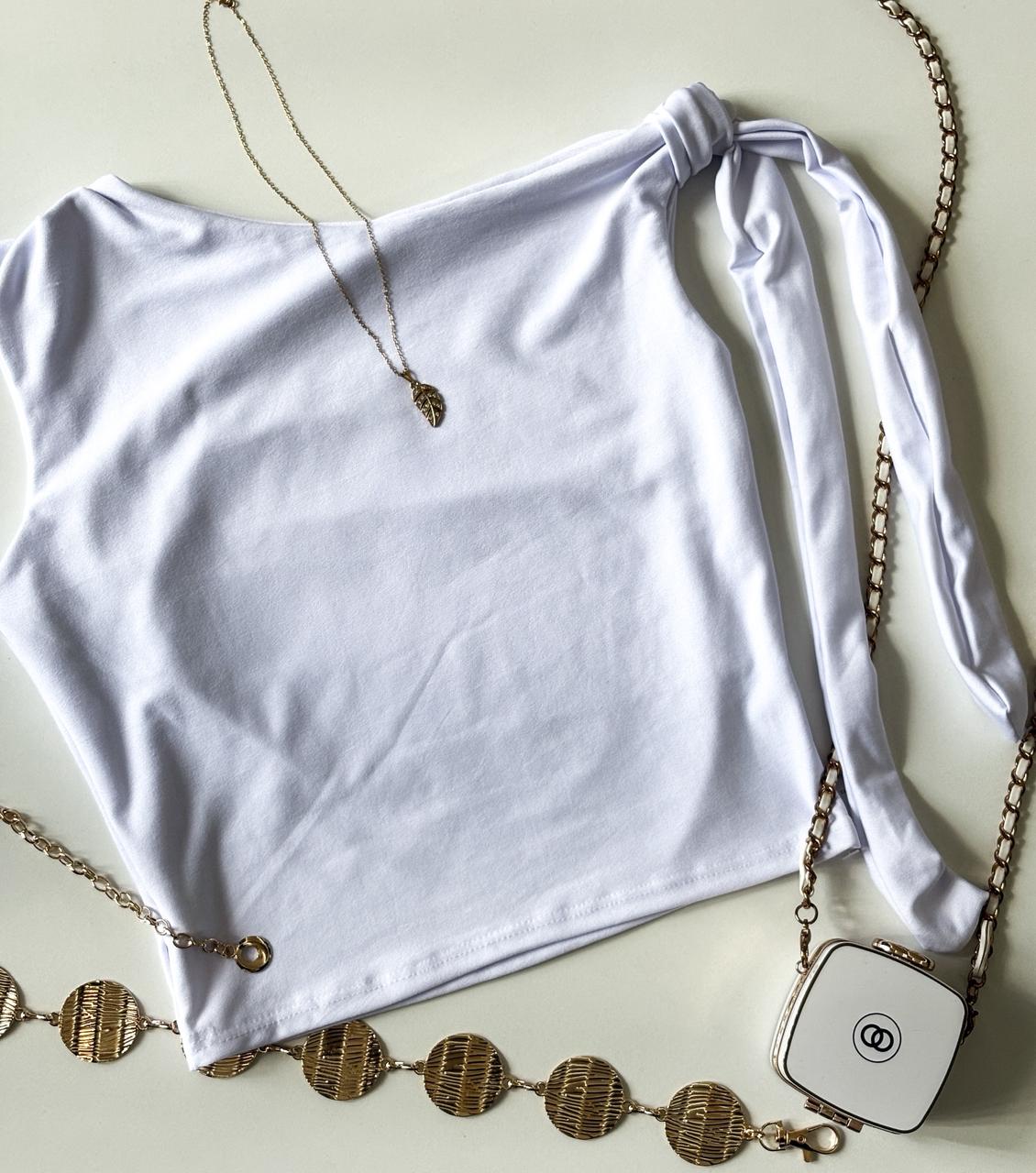 Cropped em Malha Romantic Zara com Amarração no Ombro Joana Ref. 1853. FRETE GRÁTIS