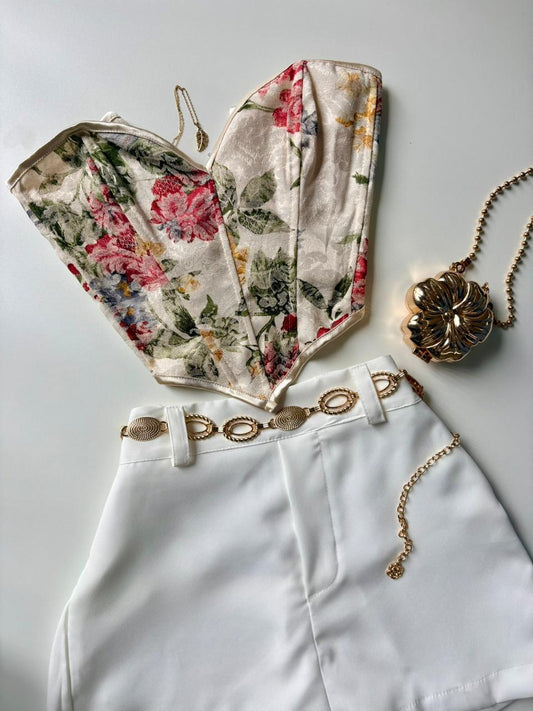 Cropped Corset Estampado com Decote Coração Andreia Ref. 1860. FRETE GRÁTIS