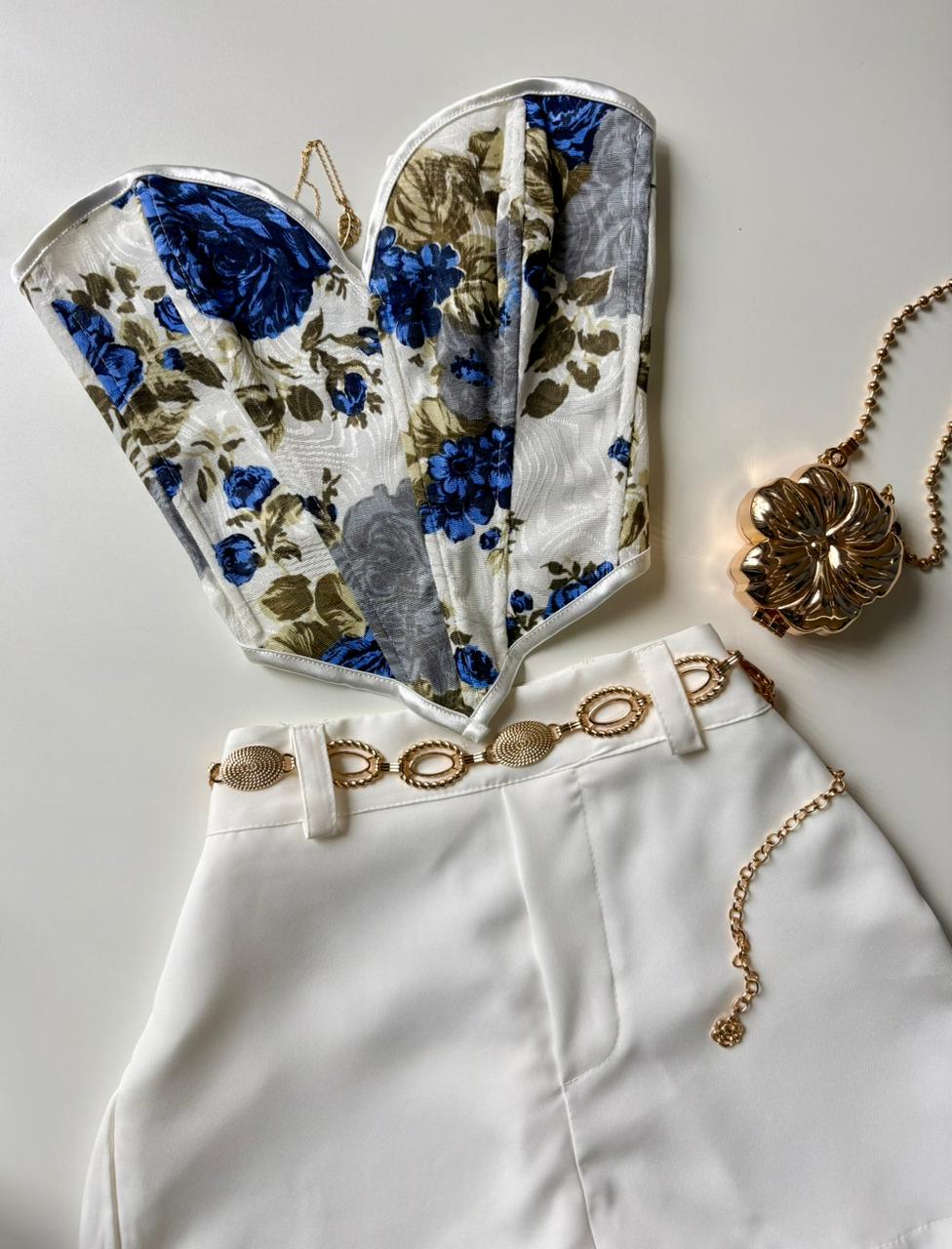 Cropped Corset Estampado com Decote Coração Andreia Ref. 1860. FRETE GRÁTIS