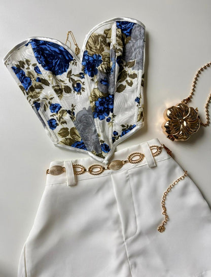 Cropped Corset Estampado com Decote Coração Andreia Ref. 1860. FRETE GRÁTIS