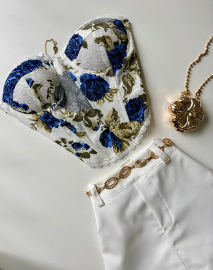 Cropped Corset Estampado com Renda Sabrina Ref. 1859. FRETE GRÁTIS