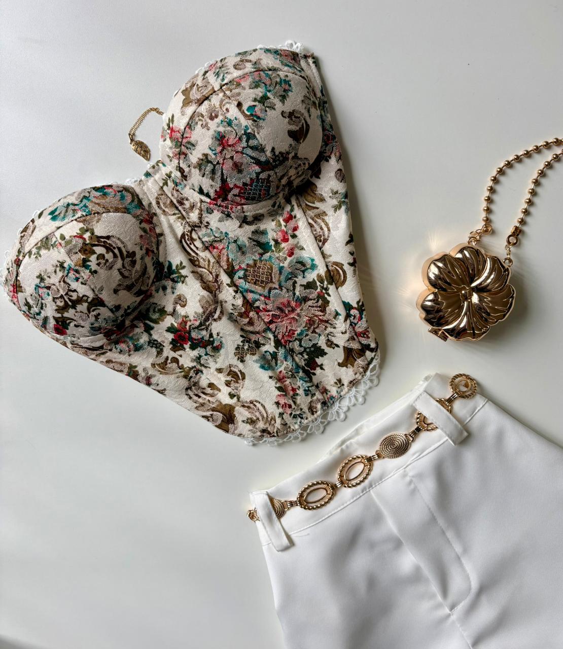 Cropped Corset Estampado com Renda Sabrina Ref. 1859. FRETE GRÁTIS