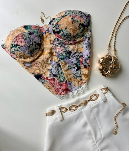 Cropped Corset Estampado com Renda Sabrina Ref. 1859. FRETE GRÁTIS