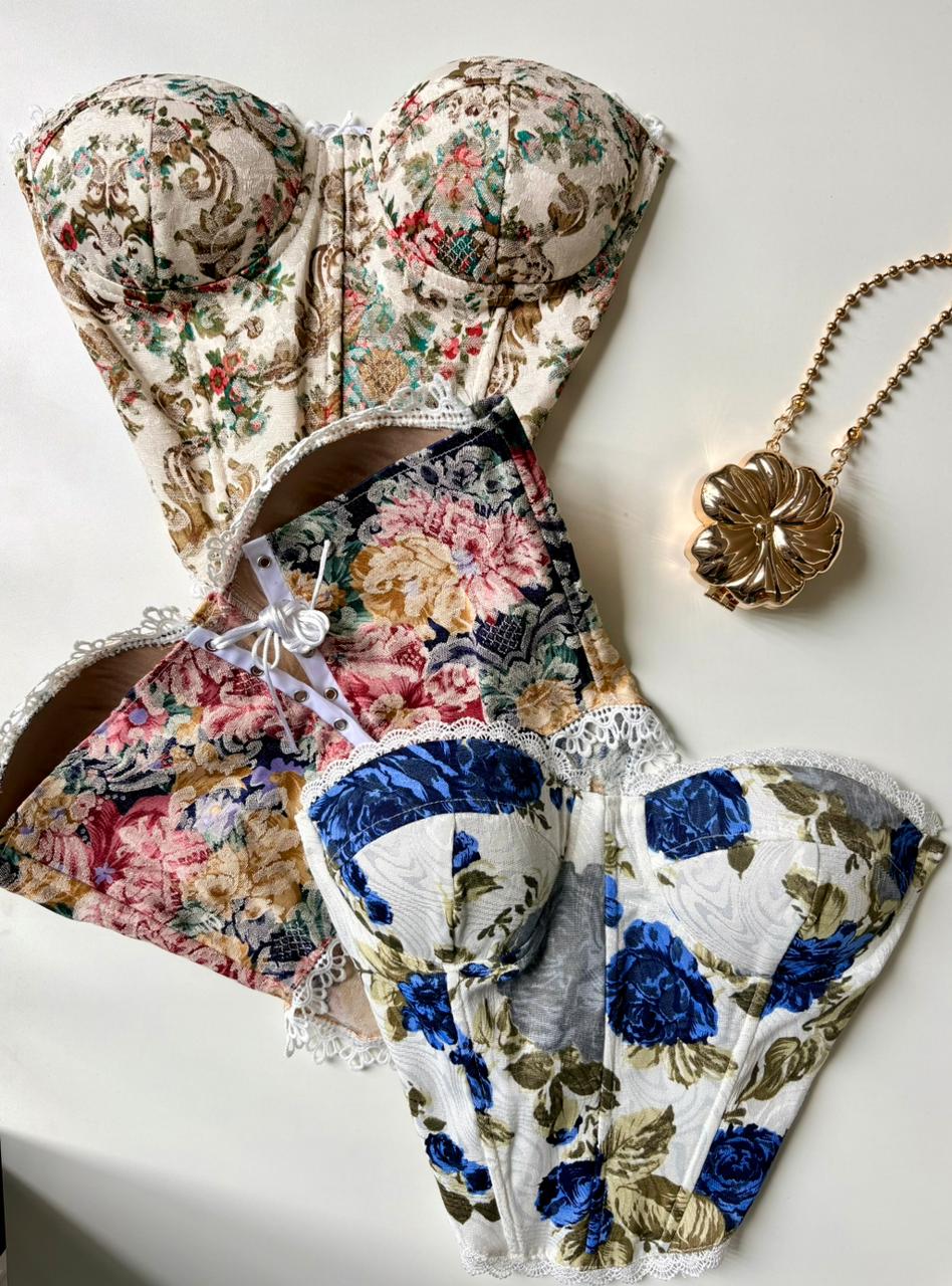 Cropped Corset Estampado com Renda Sabrina Ref. 1859. FRETE GRÁTIS