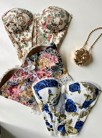 Cropped Corset Estampado com Renda Sabrina Ref. 1859. FRETE GRÁTIS