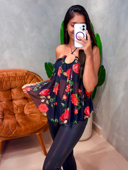Blusa em Tule Estampado Frente Única com Argola Nadja Ref. 1861. FRETE GRÁTIS