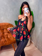 Blusa em Tule Estampado Frente Única com Argola Nadja Ref. 1861. FRETE GRÁTIS
