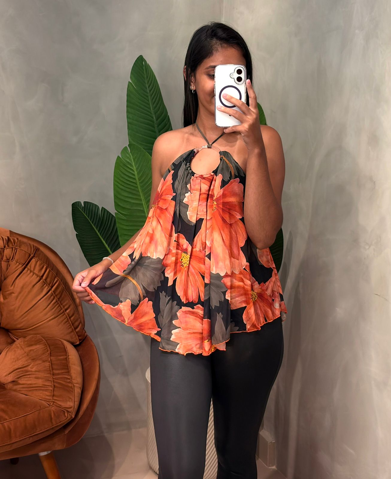 Blusa em Tule Estampado Frente Única com Argola Nadja Ref. 1861. FRETE GRÁTIS