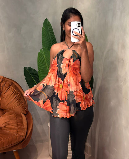 Blusa em Tule Estampado Frente Única com Argola Nadja Ref. 1861. FRETE GRÁTIS