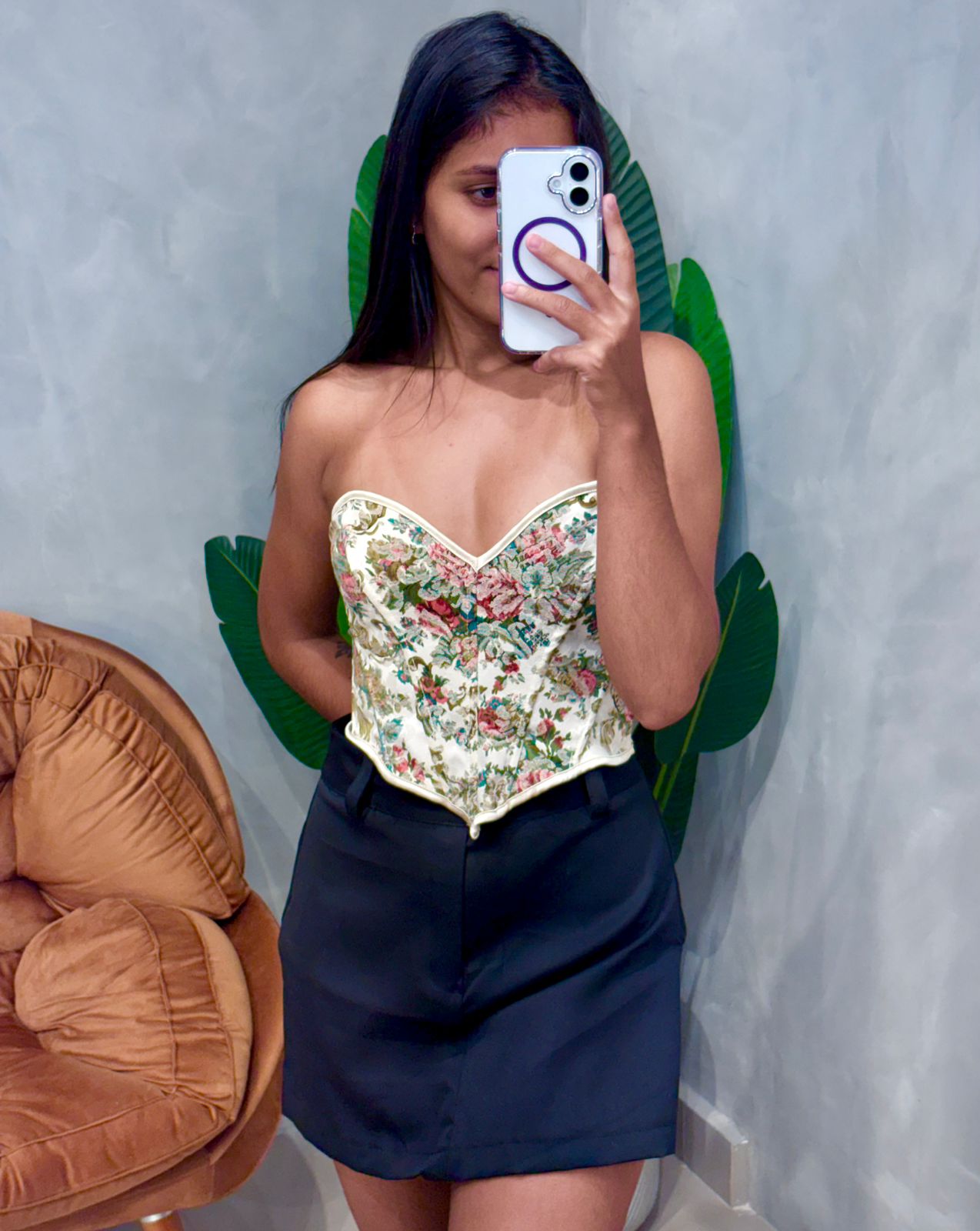 Cropped Corset Estampado com Decote Coração Andreia Ref. 1860. FRETE GRÁTIS