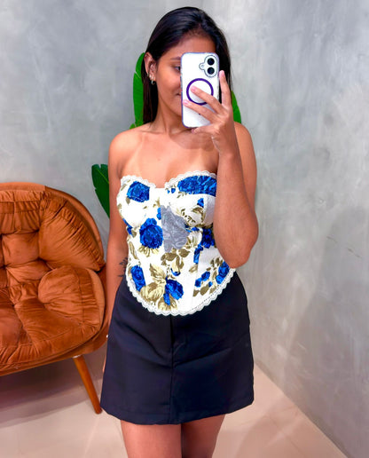 Cropped Corset Estampado com Renda Sabrina Ref. 1859. FRETE GRÁTIS